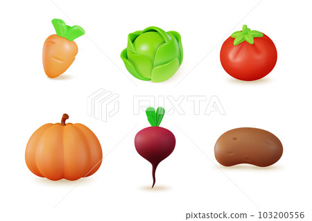 3d Color Different Fresh Vegetables Set Cartoon Style Include of Carrot, Beet and Pumpkin. Vector illustration 3d Color Different Fresh Vegetables Set Cartoon Style Include of Carrot, Beet and Pumpkin. Vector illustration 103200556