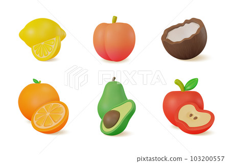 3d Color Different Fresh Fruits Set Cartoon Style Include of Avocado, Apple, Orange and Peach. Vector illustration 3d Color Different Fresh Fruits Set Cartoon Style Include of Avocado, Apple, Orange and Peach. Vector illustration 103200557