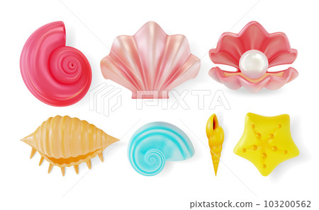 3d Color Mollusk Seashells Different Forms Set Cartoon Style Symbol of Seafood, Travel or Pearl. Vector illustration of Seashell 3d Color Mollusk Seashells Different Forms Set Cartoon Style Symbol of Seafood, Travel or Pearl. Vector illustration of Seashell 103200562