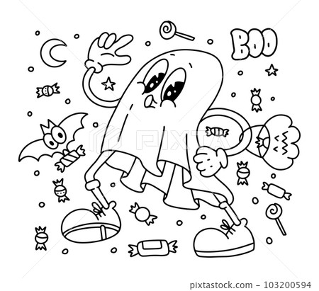 Halloween ghost with candies retro cartoon character isolated on white background. Halloween trick or treat ghost with candy bag vector colorless for coloring page. Contour doodle design. Halloween ghost with candies retro cartoon character isolated on white background. Halloween trick or treat ghost with candy bag vector colorless for coloring page. Contour doodle design. 103200594