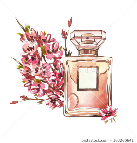 Golden glass perfume bottle with branch pink flowers isolated on white. Watercolor handrawn illustration. Art for design Golden glass perfume bottle with branch pink flowers isolated on white. Watercolor handrawn illustration. Art for design 103200641