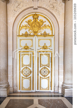 Historical ornamental door detail of Chateau Versailles Chateau Versailles near Paris, France 103200689