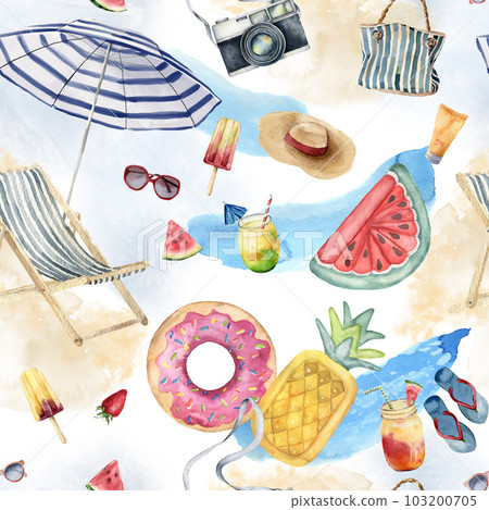Watercolor tropical pattern of beach accessories umbrella, lounge chair, bag and fruits. Hand drawn summer pattern isolated on white background. Food illustration for design, print or background. Watercolor tropical pattern of beach accessories umbrella, lounge chair, bag and fruits. Hand drawn summer pattern isolated on white background. Food illustration for design, print or background. 103200705