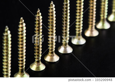A row of screws or self-tapping screws with a yellow coating on a black background A row of screws or self-tapping screws with a yellow coating on a black background 103200948