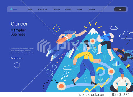 Memphis business illustration. Career-modern flat vector concept illustration of people climbing the mountain. Climbing up the career ladder process metaphor. Corporate business metaphor Memphis business illustration. Career-modern flat vector concept illustration of people climbing the mountain. Climbing up the career ladder process metaphor. Corporate business metaphor 103201275
