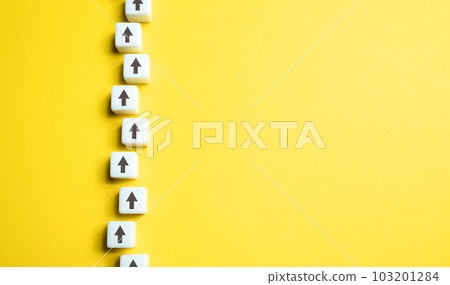 Chain of arrows and space for text. Pave your way. Move forward. Step by step. Set a target and find ways to achieve it. Motivation, self-development. New opportunities. 103201284