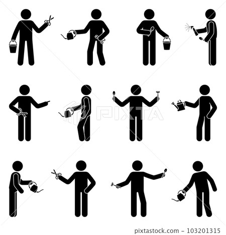 Stick figure man standing with garden tools vector set. Stickman person holding planting equipment icon pictogram Stick figure man standing with garden tools vector set. Stickman person holding planting equipment icon pictogram 103201315