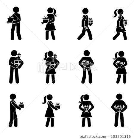 Stick figure people standing, walking with present box vector set. Man and woman holding gift package icon pictogram Stick figure people standing, walking with present box vector set. Man and woman holding gift package icon pictogram 103201316