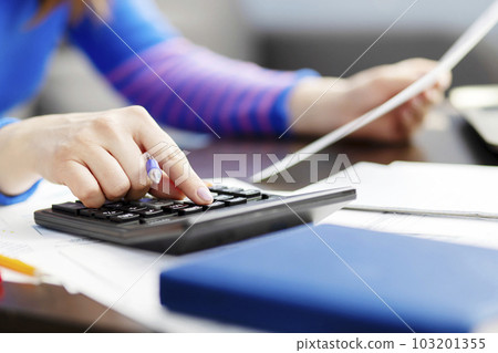 Woman using calculator for calculate domestic bills at home, doing paperwork 103201355