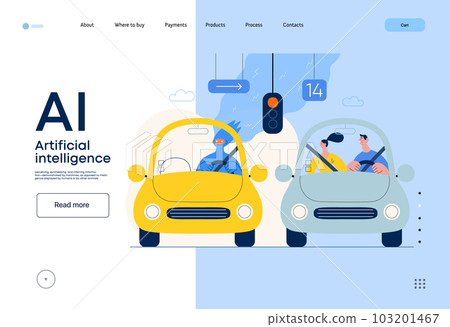 Artificial intelligence, Driving -modern flat vector concept illustration of An artificial intelligence-controlled car. Metaphor of autonomous vehicle, AI superiority and dominance concept 103201467