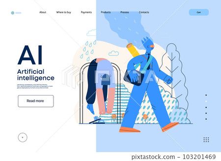 Artificial intelligence illustration. Job -modern flat vector concept illustration -AI going to work instead of human, upset woman stays home. AI metaphor, advantage, superiority and dominance concept 103201469