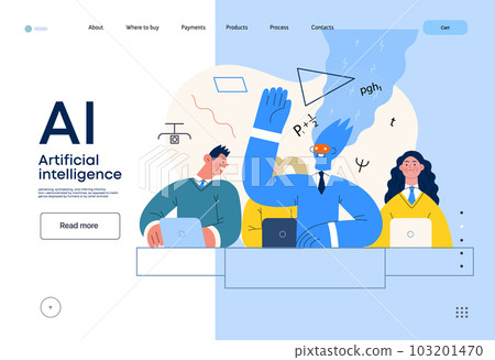 Artificial intelligence illustration. Studies -modern flat vector concept illustration of a group of students in the class. AI metaphor, advantage, superiority and dominance concept 103201470