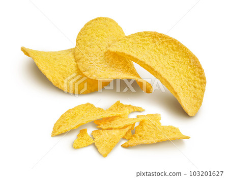 Potato chips isolated on white background with  full depth of field. 103201627