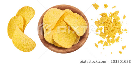 Potato chips in wooden bowl isolated on white background with full depth of field. Top view. Flat lay. Potato chips in wooden bowl isolated on white background with full depth of field. Top view. Flat lay. 103201628