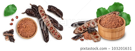 Carob pod and powder isolated on white background with  full depth of field. Top view. Flat lay 103201631