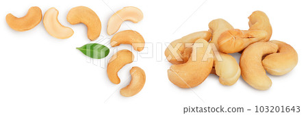 Roasted Cashew nuts isolated on white background with  full depth of field. Top view with copy space for your text. Flat lay 103201643