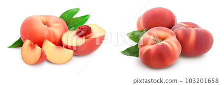 Ripe chinese flat peach fruit and half with leaf isolated on white background Ripe chinese flat peach fruit and half with leaf isolated on white background 103201658
