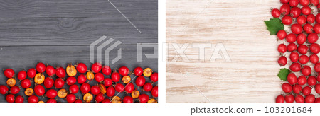 Hawthorn berry on a black wooden background with copy space for your text. Top view Hawthorn berry on a black wooden background with copy space for your text. Top view 103201684