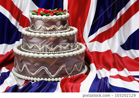Chocolate cake on the British flag background, 3D rendering 103202129