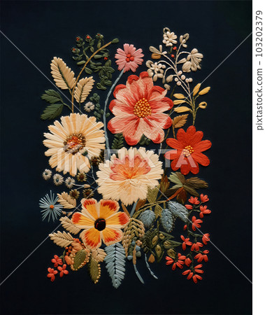 Composition of embroidered flowers on a black background. Modern trendy style. Composition of embroidered flowers on a black background. Modern trendy style. 103202379