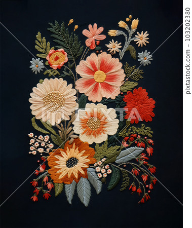 Composition of embroidered flowers on a black background. Modern trendy style. Composition of embroidered flowers on a black background. Modern trendy style. 103202380