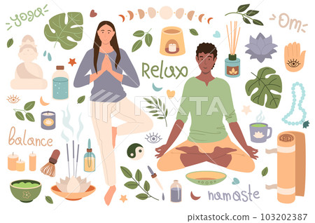 Yoga mega set graphic elements in flat design. Bundle of woman and man in different asanas, monstera leaves, candles, lunar cycle, mat, aroma sticks, other tools. Vector illustration isolated objects Yoga mega set graphic elements in flat design. Bundle of woman and man in different asanas, monstera leaves, candles, lunar cycle, mat, aroma sticks, other tools. Vector illustration isolated objects 103202387