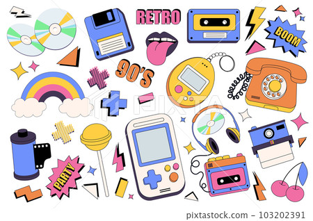 90s retro style mega set graphic elements in flat design. Bundle of music discs, floppy disk, mouth with tongue, cassette, toys and devices, rainbow, candy, other. Vector illustration isolated objects 103202391