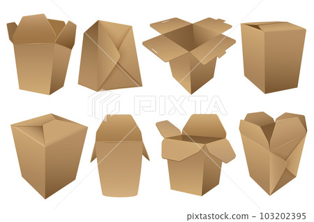 Realistic box mega set graphic elements in flat design. Bundle of opened and closed cardboard box mockups in different view for packaging of delivery parcels. Vector illustration isolated objects Realistic box mega set graphic elements in flat design. Bundle of opened and closed cardboard box mockups in different view for packaging of delivery parcels. Vector illustration isolated objects 103202395