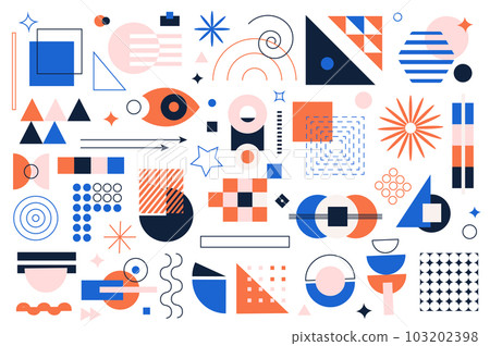 Geometric shapes mega set graphic elements in flat design. Bundle of squares, curl lines, circles, stars, triangles, arrows and other simple forms and composition. Vector illustration isolated objects 103202398