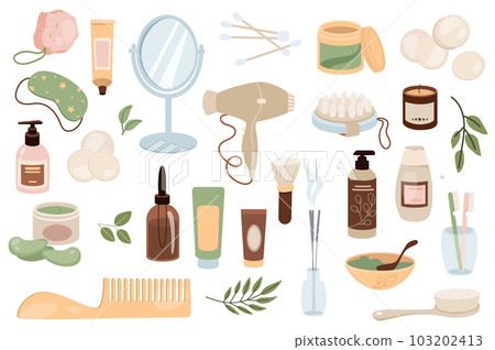 Bathroom items mega set graphic elements in flat design. Bundle of creams, mirror, cotton buds, cosmetics, sleep mask, lotion, hair dryer, massage brush, other. Vector illustration isolated objects Bathroom items mega set graphic elements in flat design. Bundle of creams, mirror, cotton buds, cosmetics, sleep mask, lotion, hair dryer, massage brush, other. Vector illustration isolated objects 103202413