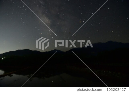 Takegawa-cho, Hokuto City, paddy fields with the Milky Way and Antares reflected in the southern sky 103202427