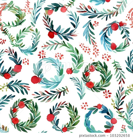 Watercolor pattern of different Christmas wreath isolated on white. Generative AI. 103202658