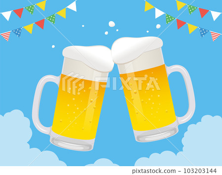 用夏日的天空、花環和啤酒干杯插圖 103203144