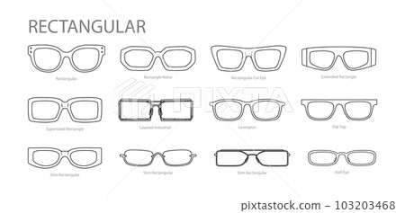 Set of Rectangular frame glasses fashion accessory illustration. Sunglass front view for Men, women, unisex silhouette 103203468