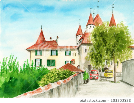Analog Watercolor Switzerland Tourist Attraction Thun Castle 103203528