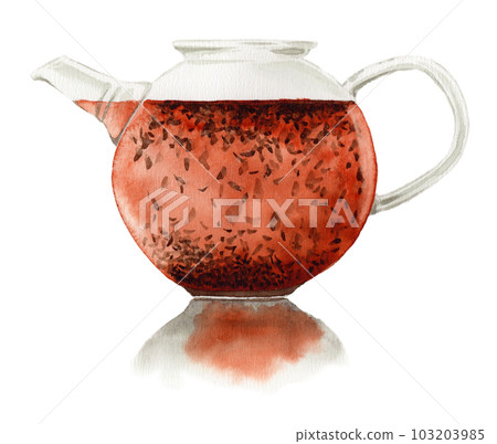 Illustration of steaming hojicha in an analog watercolor glass teapot Illustration of steaming hojicha in an analog watercolor glass teapot 103203985