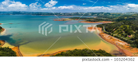 Aerial panorama of Lake Arenal situated in the northern highlands of Costa Rica. 103204302