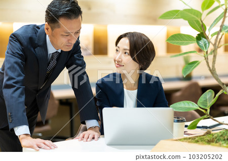 男人和女人在共同工作空間開會 103205202