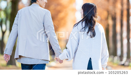Young couple walking hand in hand along a tree-lined street 103205263