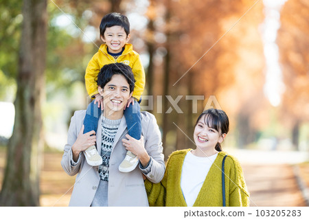 A family walking with a shoulder car 103205283