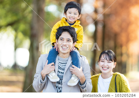 A family walking with a shoulder car 103205284
