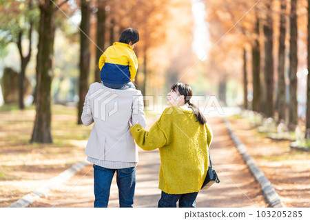 Back view of parent and child playing in autumn park 103205285
