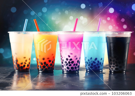 Variety of fruit cocktails, popular bubble tea, chocolate fruit flavor. Trendy Asian summer drinks 103206063