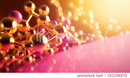Molecular cosmetics, molecular chain of golden molecules pink background, golden threads cosmetology. concept of health beauty 103206078