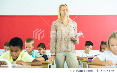 Woman teacher lecturing to pupils at classroom Woman teacher lecturing to pupils at classroom 103206376