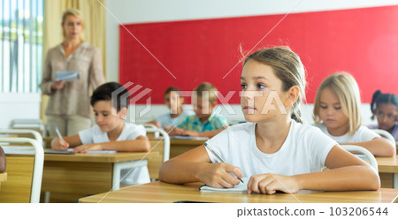 School girl working at lesson in classroom School girl working at lesson in classroom 103206544