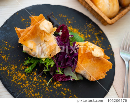 Filo dough bags stuffed with meat and vegetables Filo dough bags stuffed with meat and vegetables 103206576