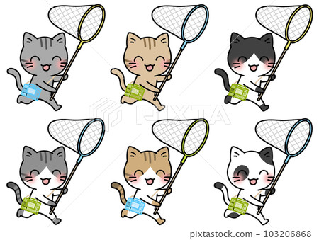 A set of 6 types of illustrations of cats running with a smile with a butterfly net and an insect cage (Sabatora, Pheasant tiger, Hachiware, Buchi) 103206868