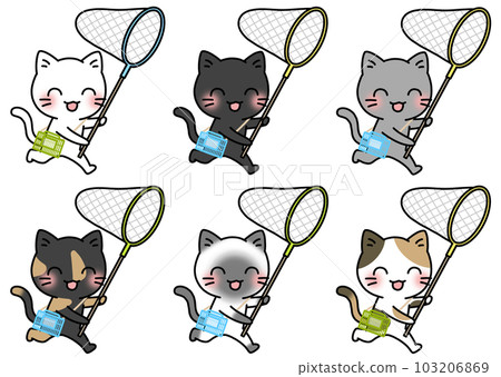 A set of 6 types of illustrations of cats running with a smile with a butterfly net and an insect cage (white cat, black cat, gray cat, rust, Siamese, calico cat) 103206869