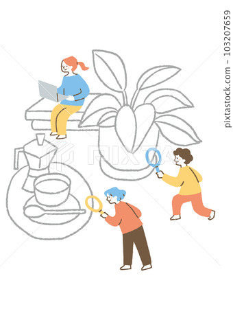 Three men and women investigating plants, coffee and books 103207659